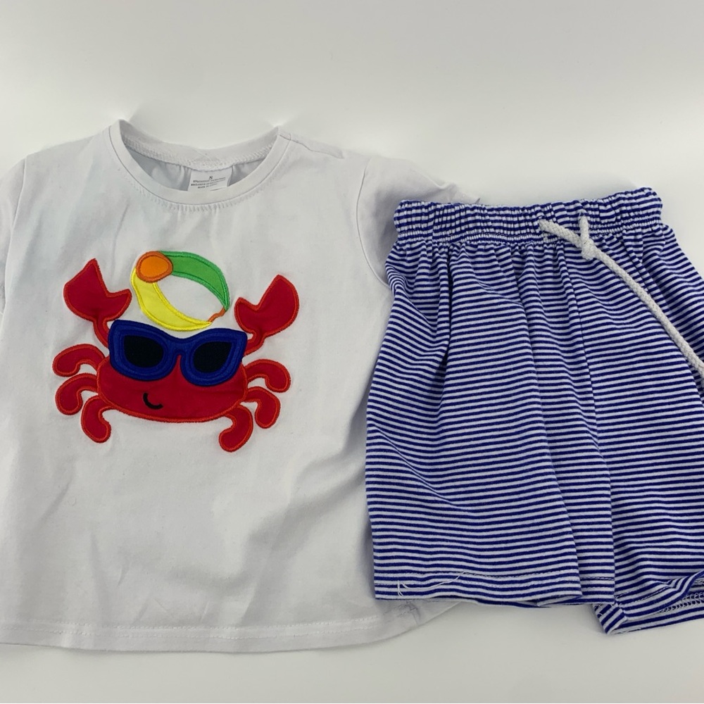 White Crab T-Shirt and Striped Shorts Set